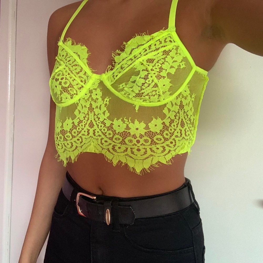 Boohoo Women’s Neon Lime Green Lace Bralette Sexy Crop Top Rave Colorful, Size S